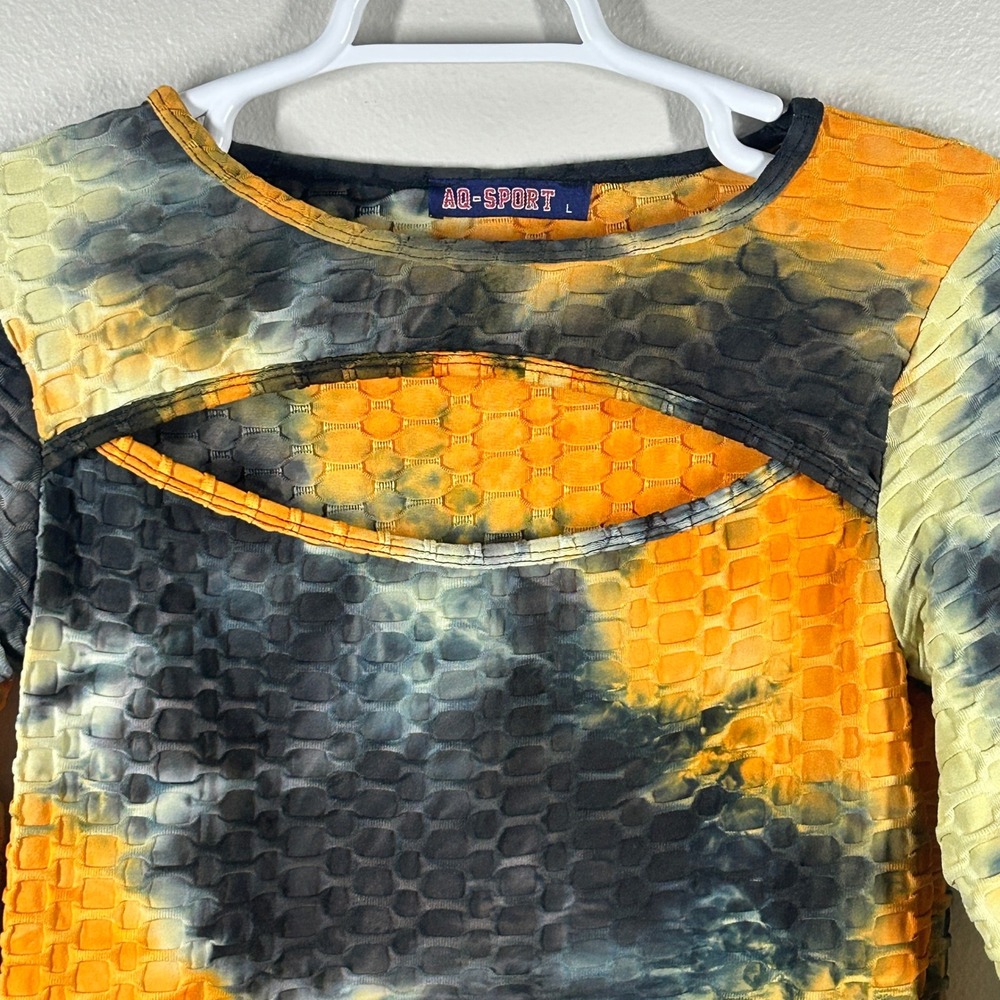 AQ-SPORT Womens Tie Dye Bubble Texture Cutout Long Sleeve Crop Top Orange L